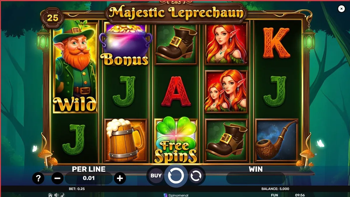 Majestic Leprechaun slot game screen with Irish folklore theme