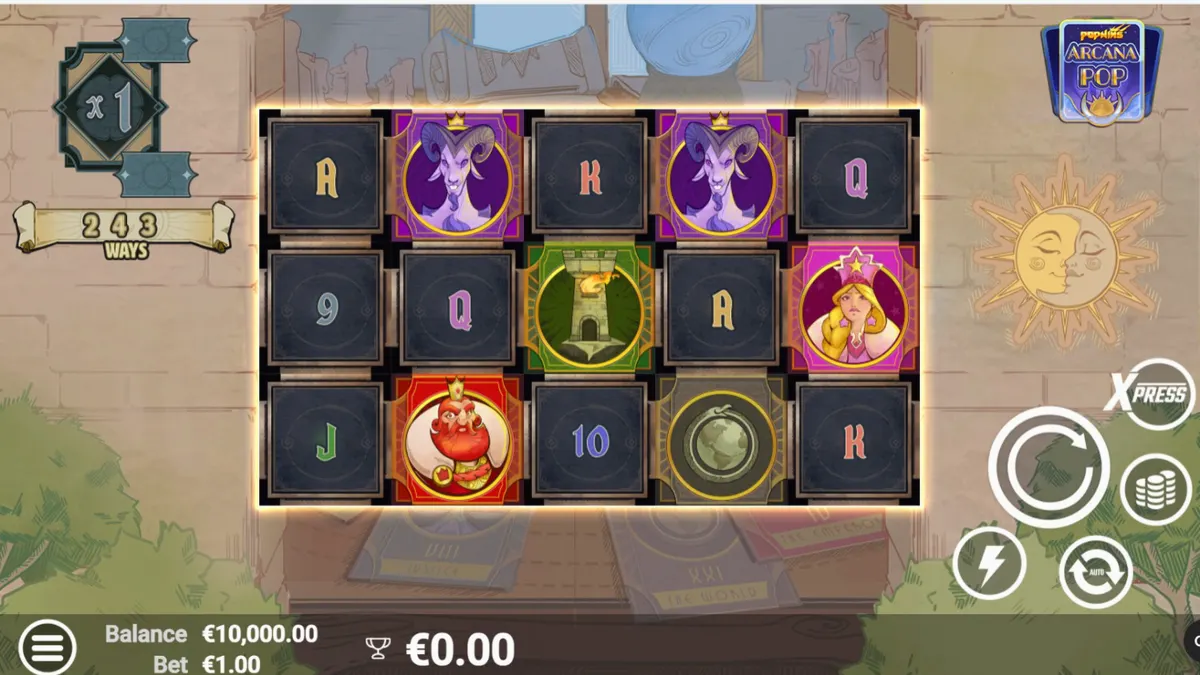 Tampilan visual slot Arcana Pop dengan simbol tarot dan mekanisme PopWins