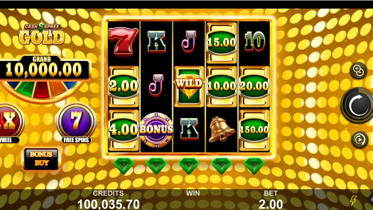 Cash Spree Gold slot game interface showing golden symbols and luxury casino theme